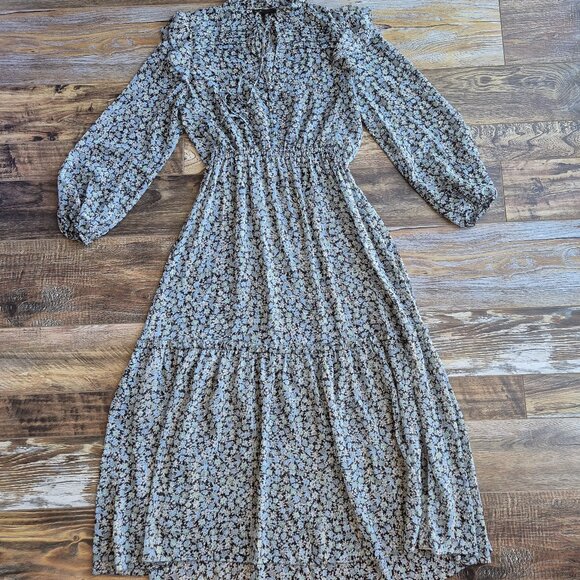 Maje Renaza Floral Sheer Chiffon Tiered Midi Dress Long Sleeve Metallic Blue - Picture 7 of 16